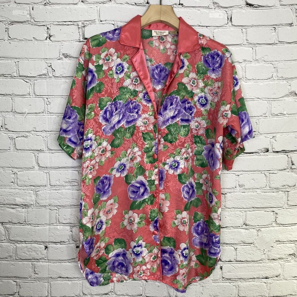 Vintage Victoria's Secret Gold Label Satin Night Shirt‎ Size P/S Pink Floral